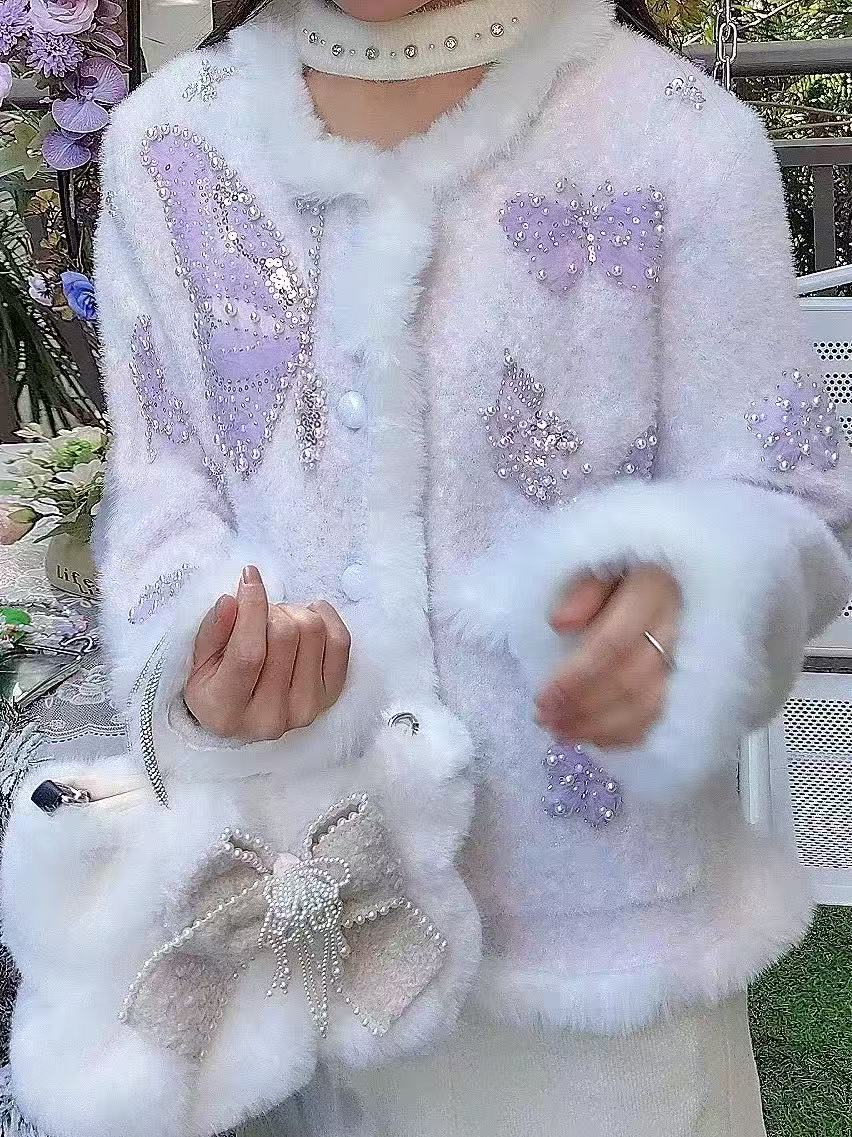 Luxury Style Pearls Beads Stit - Wool Coat Peacoat 评论和价格
