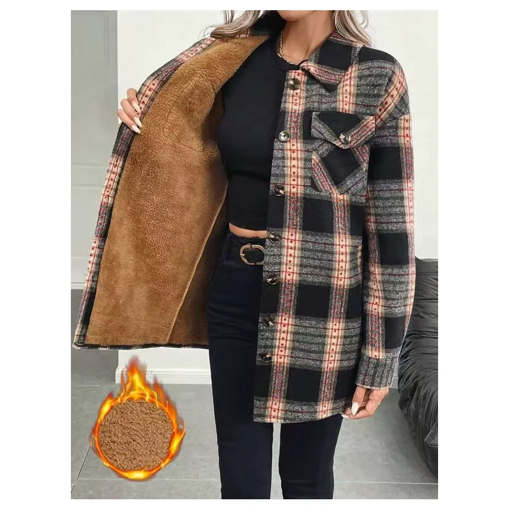 Autumn Winter Women's Fashion  - Flannel Shirt Lined 评论和价格