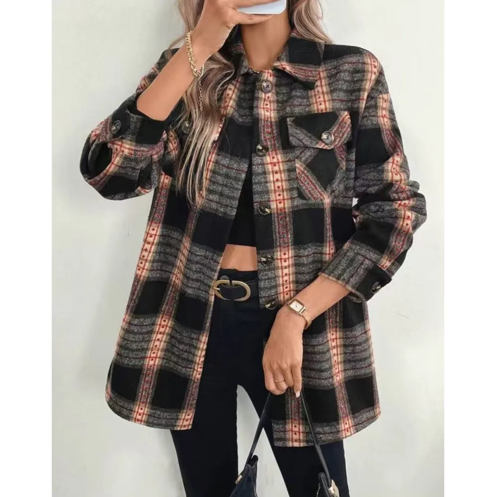 Autumn Winter Women's Fashion  - Flannel Shirt Lined 评论和价格
